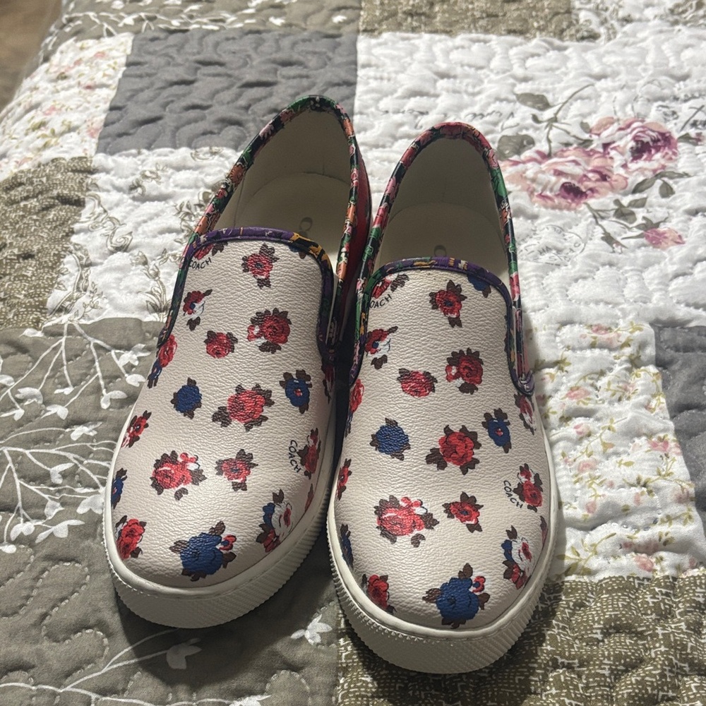 Coach  White Slip-On Sneakers with Red and Blue Floral Print
